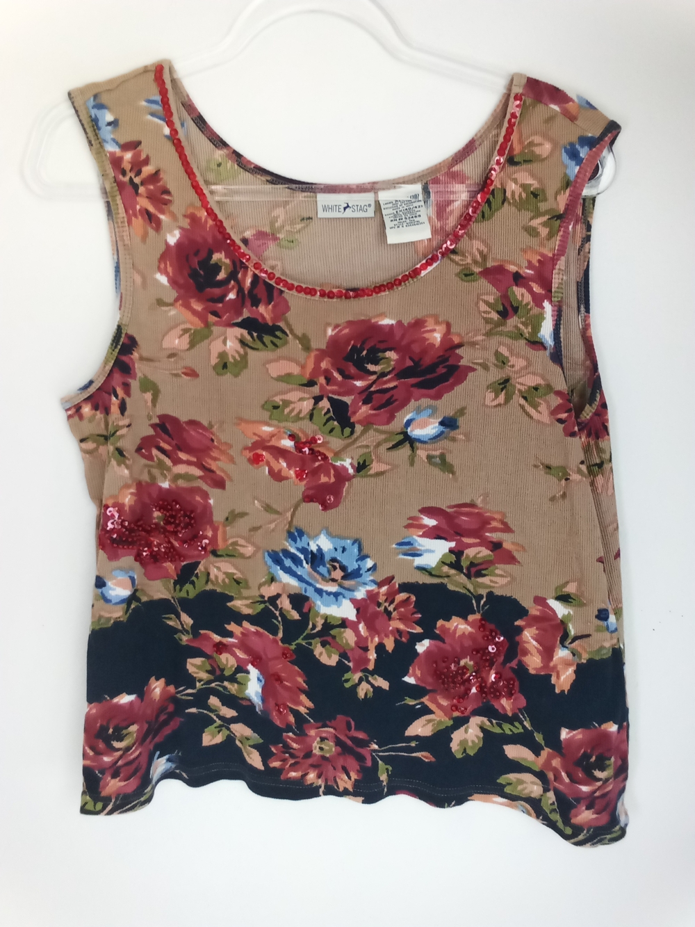 White Stag Floral Sequin Scoop Neck Tank  Tan Black Rose Accents Y2K Cottagecore
